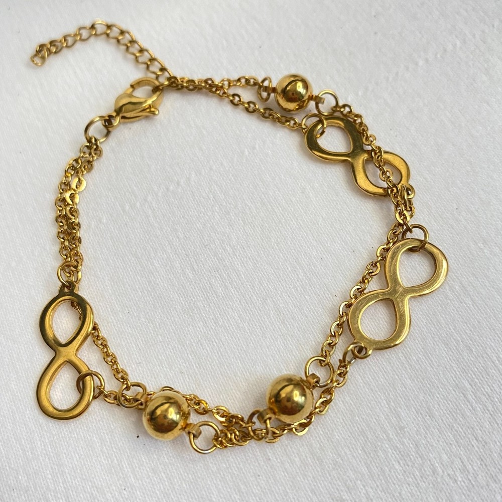 💎Gold Tone Double Stranded Bracelet Ball And Infinity Charms